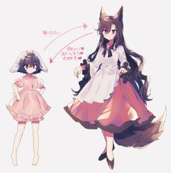 Rule 34 | 2girls, :3, absurdres, animal ears, barefoot, black footwear, black hair, bow, brown hair, carrot necklace, dress, floppy ears, full body, hair bow, hands on own hips, haruwaka 064, highres, imaizumi kagerou, inaba tewi, jewelry, long hair, long sleeves, multiple girls, necklace, pink bow, puffy short sleeves, puffy sleeves, rabbit ears, rabbit girl, rabbit tail, red eyes, revision, short hair, short sleeves, simple background, standing, tail, touhou, translation request, very long hair, white background, white dress, wide sleeves, wolf ears, wolf girl, wolf tail
