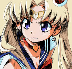 Rule 34 | 1girl, bishoujo senshi sailor moon, blonde hair, blue eyes, breasts, choker, cleavage, commentary, earrings, english commentary, gofu, jewelry, medium breasts, meme, sailor collar, sailor moon, sailor moon redraw challenge (meme), school uniform, serafuku, simple background, solo, twintails, upper body, yellow background