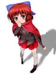 Rule 34 | 1girl, blush, bow, cape, covering own mouth, hair bow, highres, honda takaharu, long sleeves, looking at viewer, miniskirt, pleated skirt, red eyes, red hair, red skirt, sekibanki, shirt, skirt, solo, thighhighs, touhou, white thighhighs, zettai ryouiki