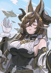 Rule 34 | 1girl, animal ears, black ribbon, breasts, brown hair, closed eyes, cloud, commentary request, detached sleeves, dress, extra ears, floating island, galleon (granblue fantasy), giant, giantess, gloves, granblue fantasy, hair ornament, hand up, highres, horns, jewelry, large breasts, lips, long hair, multicolored hair, neck ribbon, necklace, parted lips, pointy ears, ribbon, sideboob, sleeveless, sleeveless dress, solo, streaked hair, tekki (tki), turtleneck, upper body, white gloves, x hair ornament