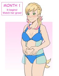 Rule 34 | 1girl, blonde hair, blue bra, blue panties, blush, bra, braid, breasts, breasts apart, crown braid, english text, feet out of frame, female focus, fire emblem, fire emblem heroes, gradient hair, green eyes, lingerie, long hair, medium breasts, multicolored hair, navel, nintendo, panties, pink background, pink hair, pregnant, see-through, sharena (fire emblem), simple background, smile, solo, standing, traveler san, underwear, underwear only, white background