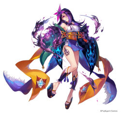 1girl black_haori breasts dare_ga_tame_no_alchemist empty_eyes flower full_body hair_over_one_eye haori japanese_clothes leg_tattoo long_hair no_socks obi official_art platform_clogs platform_footwear purple_flower purple_hair reida_(dare_ga_tame_no_alchemist) sash second-party_source shibuhiko shin_guards sideboob simple_background solo tattoo white_background