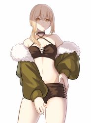 Rule 34 | 1girl, alternate costume, artoria pendragon (all), artoria pendragon (fate), bad id, bad twitter id, bare shoulders, blonde hair, breasts, closed mouth, collarbone, fate/grand order, fate/stay night, fate (series), fur trim, green jacket, halterneck, hand on own hip, highres, jacket, legs, lq saku, medium hair, midriff, navel, ponytail, revealing clothes, saber alter, shorts, simple background, small breasts, solo, thighs, white background, yellow eyes
