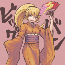 Rule 34 | 1girl, :d, alternate hairstyle, blonde hair, blush stickers, breasts, commentary request, cowboy shot, danganronpa (series), danganronpa 2: goodbye despair, folding fan, hair ornament, hand fan, holding, holding fan, japanese clothes, kimono, long hair, looking at viewer, medium breasts, namu (nurui cha), obi, open mouth, orange eyes, pink background, ponytail, saionji hiyoko, sash, smile, solo, translation request, wide sleeves, yellow eyes