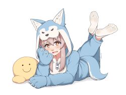 Rule 34 | 1girl, animal ear fluff, animal hands, artist logo, artist name, blue gloves, blue pajamas, blush, brown eyes, brown hair, commentary, crossed legs, english commentary, eyelashes, feet, feet up, full body, genderswap, genderswap (mtf), gloves, hair between eyes, hand up, long hair, lululewd, lying, mixed-language commentary, no-show socks, no shoes, on stomach, onii-chan wa oshimai!, open mouth, oyama mahiro, paid reward available, pajamas, paw gloves, sidelocks, simple background, socks, soles, solo, stuffed toy, tail, the pose, toes, wavy hair, white background, white socks, wolf hood, wolf tail