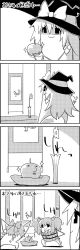 Rule 34 | 4koma, apple, bow, bucket, check translation, cirno, comic, commentary request, cushion, drawing (object), flower, food, fruit, greyscale, hair bobbles, hair bow, hair ornament, hat, hat bow, highres, ice, ice wings, kirisame marisa, kisume, long hair, monochrome, shaded face, short hair, shoujo kitou-chuu, smile, sparkle, tani takeshi, touhou, translation request, twintails, vase, wings, witch hat, yukkuri shiteitte ne