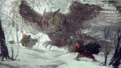 Rule 34 | animal, axe, bird, blood, cape, forest, highres, injury, mouse (animal), mouse guard, nature, niy (nenenoa), no humans, outdoors, owl, snow, snowing, sword, tree, weapon