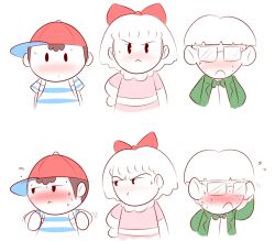Rule 34 | 1girl, 2boys, angry, baseball cap, blush, embarrassed, flying sweatdrops, glasses, hat, jeff andonuts, mother (game), mother 2, multiple boys, ness (mother 2), nintendo, paula (mother 2), short hair, simple background, sweat, theycallhimcake, white background