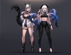 Rule 34 | 2girls, absurdres, bare shoulders, black choker, black footwear, black pants, black shorts, blue eyes, blunt bangs, boots, breasts, center opening, choker, cleavage, covered eyes, criss-cross halter, crop top, curled horns, full body, gradient background, halterneck, highleg, highres, horns, large breasts, long hair, looking at viewer, midriff, monster girl, multiple girls, neonbeat, original, pants, scorpion tail, shirt, short shorts, shorts, silver hair, sleeveless, standing, tail, tentacles, thigh strap, thighs, underboob, white shirt, wristband
