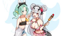 Rule 34 | 2girls, animal ears, armband, bare shoulders, bikini, blush, bow, breasts, denim, denim shorts, dragon tail, epic seven, flower, food, frilled armband, frilled bikini, frills, green eyes, green hair, hair bow, hair flower, hair ornament, halterneck, horns, large breasts, looking at viewer, low ponytail, mamyommi, midriff, mui (epic seven), multiple girls, nail polish, navel, open mouth, pointy ears, red eyes, sarong, scrunchie, shorts, sidelocks, silver hair, simple background, small breasts, swimsuit, swimsuit skirt, tail, v, victory pose, yufine (epic seven)