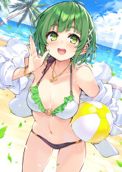 Rule 34 | 1girl, :d, antenna hair, arm up, ball, bare shoulders, beach, beachball, bikini, bikini under clothes, blue sky, blush, bracelet, breasts, cleavage, cloud, collarbone, commentary request, cu-no, day, frilled bikini, frills, green eyes, green hair, hair ornament, hisen kaede, holding, holding ball, jewelry, leaf, looking at viewer, medium breasts, nail polish, navel, necklace, nonono futaba, o-ring, o-ring bikini, o-ring top, ocean, open mouth, outdoors, palm tree, sand, shirt, short hair, sky, smile, solo, standing, sunlight, swimsuit, swimsuit under clothes, tree, water, white shirt, x hair ornament