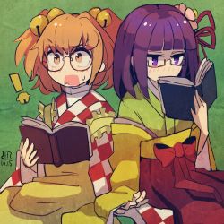 Rule 34 | !, 2girls, apron, bell, bespectacled, blush, book, brown eyes, brown hair, checkered clothes, checkered kimono, dated, flower, glasses, green kimono, hair bell, hair flower, hair ornament, hieda no akyuu, holding, holding book, japanese clothes, jingle bell, kimono, long sleeves, maaru (akira428), motoori kosuzu, multiple girls, one-hour drawing challenge, open mouth, pink flower, purple eyes, purple hair, short hair, signature, touhou, two side up, wide sleeves, yellow apron, yellow kimono