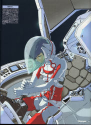 Rule 34 | 1boy, amuro ray, bodysuit, chair, clenched hand, cockpit, for the barrel, gloves, gundam, hayato kobayashi, helmet, highres, indoors, koyama shigeto, male focus, newtype, scan, sitting, solo, spacecraft, spacesuit, white gloves