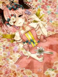 Rule 34 | 10s, 1girl, bow, cross, daisy, eruda (ojou), flower, flower request, gloves, hair bow, highres, kaname madoka, lying, magical girl, mahou shoujo madoka magica, mahou shoujo madoka magica (anime), one eye covered, pink eyes, pink hair, short twintails, solo, tears, twintails, white gloves, wings