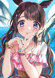 Rule 34 | 1girl, animal ears, blue nails, blush, brown hair, collarbone, day, dress, fingernails, grin, highres, horse ears, horse girl, horse tail, jewelry, long hair, looking at viewer, masshirokachi, multicolored nails, nail polish, necklace, ocean, official alternate costume, outdoors, pink dress, purple eyes, red nails, smile, solo, tail, tosen jordan (aurore vacances) (umamusume), tosen jordan (umamusume), umamusume, upper body