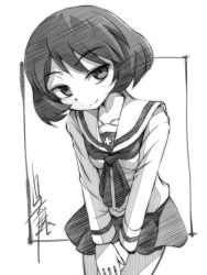 Rule 34 | 1girl, artist name, blouse, closed mouth, commentary, cowboy shot, girls und panzer, gofu, graphite (medium), greyscale, hands on thighs, head tilt, leaning forward, long sleeves, looking at viewer, miniskirt, monochrome, neckerchief, ooarai school uniform, own hands together, pleated skirt, school uniform, serafuku, shirt, short hair, signature, skirt, smile, solo, standing, traditional media, utsugi yuuki, v arms