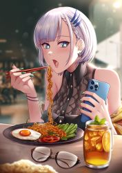 Rule 34 | 1girl, absurdres, blue eyes, blueriest, blush, braid, braided bangs, chopsticks, commentary, earrings, english commentary, unworn eyewear, food request, glasses, green nails, highres, holding, holding chopsticks, holding phone, hololive, hololive indonesia, jewelry, nail polish, pavolia reine, phone, silver hair, sitting, tomato, tomato slice, virtual youtuber