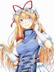 Rule 34 | 1girl, blonde hair, blue tabard, blush, breasts, commentary request, dress, frilled sleeves, frills, from below, gloves, hand in own hair, hat, hat ribbon, highres, large breasts, long hair, looking at viewer, looking down, mob cap, open mouth, puffy short sleeves, puffy sleeves, purple eyes, red ribbon, ribbon, short sleeves, simple background, solo, tabard, tamasan, touhou, very long hair, white background, white dress, white gloves, white hat, yakumo yukari