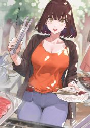Rule 34 | 1girl, breasts, brown hair, cellphone, chopsticks, commentary request, denim, flying sweatdrops, focused, food, grill, highres, holding, holding plate, holding tongs, jacket, jeans, jun (navigavi), looking at viewer, meat, medium hair, original, outdoors, pants, paper plate, phone, plate, pov, smartphone, sweater jacket, table, tongs, translation request, tree