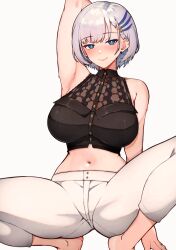 Rule 34 | 1girl, armpits, blue eyes, blush, braid, braided bangs, breasts, feather hair ornament, feathers, glasses, grey hair, hair ornament, highres, hololive, hololive indonesia, large breasts, looking at viewer, navel, pavolia reine, pavolia reine (street), short hair, sleeveless, solo, variant set, varniskarnis, virtual youtuber
