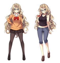 Rule 34 | 1girl, black-framed eyewear, blonde hair, blue eyes, bracelet, breasts, brown pantyhose, casual, commentary, curly hair, english commentary, full body, furi2play!, glasses, jewelry, loafers, long eyebrows, long hair, margit (furi2play!), medium breasts, midriff, mole, mole under eye, multiple views, navel, necklace, pants, pantyhose, peach88, pleated skirt, shoes, skirt, solo focus, standing, sweater, tank top, white background