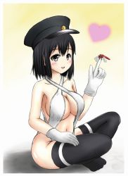 Rule 34 | 10s, 1girl, akitsu maru (kancolle), bikini, black eyes, black hair, breasts, bug, dragonfly, gloves, h2 (h20000000), hat, indian style, insect, kantai collection, large breasts, pale skin, peaked cap, short hair, sitting, slingshot swimsuit, swimsuit, thighhighs