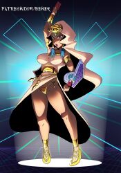 Rule 34 | 1girl, absurdres, anklet, arm at side, arm strap, arm up, artist name, bare legs, benek, bracer, breasts, card, clothes lift, dark-skinned female, dark skin, dress, dress lift, duel disk, eyebrows, eyelashes, eyeliner, female focus, full body, hair ornament, highres, holding, holding card, ishizu ishtar, jewelry, makeup, medium breasts, necklace, open mouth, outstretched arm, panties, patreon username, red eyes, shaded face, shoes, sidelocks, solo, standing, tiptoes, underwear, veil, white dress, white headwear, yellow footwear, yellow panties, yu-gi-oh!, yu-gi-oh! duel monsters