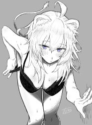 Rule 34 | 1girl, absurdres, ahoge, animal ears, bent over, black bra, black panties, bra, chinokuda, grey background, greyscale, hair between eyes, highres, hololive, leaning forward, lion ears, lion girl, lion tail, looking at viewer, monochrome, panties, panty pull, purple eyes, shishiro botan, simple background, solo, spot color, sweat, tail, underwear, underwear only, undressing, virtual youtuber, white hair