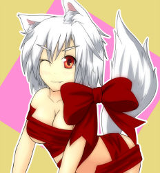 Rule 34 | 1girl, animal ears, blush, breasts, cleavage, fang, inubashiri momiji, kunoo (unnyuu), large breasts, looking at viewer, one eye closed, red eyes, ribbon, short hair, silver hair, solo, tail, touhou, wink, wolf ears, wolf tail