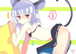 Rule 34 | !, ^^^, 1girl, absurdres, all fours, animal ears, artist name, ass, bare shoulders, black bra, blush, bra, cheese, dated, embarrassed, flat chest, food, hair between eyes, highres, jewelry, looking at viewer, midriff, mouse ears, mouse tail, nazrin, pendant, red eyes, short hair, silver hair, skirt, solo, spoken exclamation mark, surprised, sweatdrop, tail, te toga, touhou, underwear