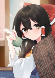 Rule 34 | 1girl, abe suke, absurdres, bad id, bad twitter id, black hair, blanket, blush, bow, brown eyes, cup, frilled bow, frills, hair between eyes, hair bow, hakurei reimu, highres, holding, holding cup, indoors, kotatsu, long hair, long sleeves, looking at viewer, parted lips, plaid, red bow, signature, solo, steam, table, touhou, under covers, upper body, wide sleeves