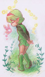 Rule 34 | 1girl, arms behind back, bad id, bad pixiv id, boots, closed eyes, fairy, from behind, grass, green footwear, green hair, hairband, holding, holding behind back, lowres, nak-a, nintendo, plant, pointy ears, saria (zelda), short hair, shorts, smile, solo, the legend of zelda, the legend of zelda: ocarina of time, traditional media