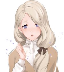Rule 34 | 1girl, bad id, bad twitter id, blonde hair, blue eyes, bow, fire emblem, fire emblem: three houses, hair bow, long hair, long sleeves, low ponytail, mercedes von martritz, niko (aiai03012), nintendo, open mouth, simple background, solo, upper body, white background