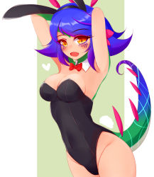 Rule 34 | 1girl, animal ears, arms behind head, arms up, ayatori (aytr), blue hair, breasts, cleavage, fake animal ears, flipped hair, flower, hair flower, hair ornament, highres, league of legends, leotard, lizard tail, monster girl, neeko (league of legends), playboy bunny, purple hair, rabbit ears, reptile girl, solo, tail, yellow eyes