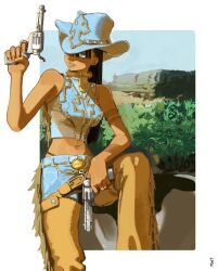 1girl armlet black_hair bloodykn8ght blue_eyes blue_hat blue_sky blunt_bangs boots commentary cowboy_boots cowboy_fringe cowboy_hat gun hat highres holding holding_gun holding_weapon jewelry long_hair looking_to_the_side nico_robin one_eye_covered one_piece outdoors sky sleeveless solo weapon