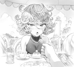 Rule 34 | 1girl, bare shoulders, blush, breasts, chair, cup, food, fork, greyscale, highres, holding, holding spoon, jewelry, looking at viewer, mogudan, monochrome, necklace, one-punch man, open mouth, pearl necklace, pov, pov across table, sitting, small breasts, solo focus, spoon, table, tatsumaki