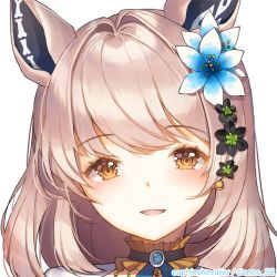 Rule 34 | 1girl, animal ears, blue flower, brown eyes, brown hair, commentary, english commentary, eunhasu, euphemia chevalier, flower, fox ears, hair flower, hair ornament, indie virtual youtuber, looking at viewer, open mouth, portrait, second-party source, solo, virtual youtuber, white background