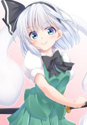 Rule 34 | 1girl, black bow, black bowtie, black hairband, black ribbon, blue eyes, blush, bow, bowtie, breasts, commentary, cowboy shot, gradient background, green skirt, green vest, hair ribbon, hairband, head tilt, hisae (hisae collect), hitodama, katana, konpaku youmu, konpaku youmu (ghost), looking at viewer, miniskirt, outline, pink background, pleated skirt, puffy short sleeves, puffy sleeves, revision, ribbon, scabbard, sheath, sheathed, shirt, short hair, short sleeves, silver hair, skirt, small breasts, smile, solo, sword, touhou, vest, weapon, white background, white outline, white shirt, wing collar