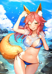 Rule 34 | 1girl, :q, absurdres, animal ears, beach, bikini, blue bikini, blush, breasts, cleavage, closed mouth, clothes lift, cloud, collarbone, cowboy shot, day, fate/grand order, fate (series), female focus, gluteal fold, highres, jai (whany1998), large breasts, lifted by self, long hair, looking at viewer, messy hair, navel, one eye closed, orange eyes, outdoors, pink hair, see-through, shirt, shirt lift, short sleeves, side-tie bikini bottom, skindentation, smile, solo, sparkle, splashing, swimsuit, tail, tamamo (fate), tamamo no mae (fate/extra), tamamo no mae (swimsuit lancer) (fate), tamamo no mae (swimsuit lancer) (second ascension) (fate), tongue, tongue out, upper body, water, wet, wet clothes, wet shirt, white shirt, wide hips