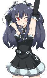 Rule 34 | absurdres, armpits, bare shoulders, black hair, breasts, collar, dress, exhausted, hair ornament, hairclip, highres, long hair, neptune (series), one eye closed, puchi 2ch, red eyes, skirt, small breasts, stretching, thighs, tsundere, twintails, two side up, uni (neptunia), wink