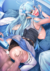 Rule 34 | 1boy, 1girl, ahegao, alcohol enema, anal, anal object insertion, ass grab, bad id, bad twitter id, bed, black panties, blue hair, blush, bottle, breasts, breasts out, censored, clothed female nude male, cum, doggystyle, drooling, flower, fumihiko (fu mihi ko), hair flower, hair ornament, half updo, hetero, highres, hololive, large breasts, long hair, nipples, nude, object insertion, open mouth, panties, penis, pillow, pointy ears, sake bottle, saliva, sex, sex from behind, thighhighs, twitching, underwear, very long hair, virtual youtuber, white thighhighs, yellow eyes, yukihana lamy