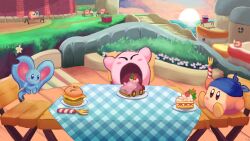 Rule 34 | animal ears, bandana, bandana waddle dee, bench, blue bandana, blush stickers, burger, bush, cake, cake slice, car-mouth cake, elfilin, flower, food, fork, hat, holding, holding fork, kirby, kirby (series), kirby and the forgotten land, kirby burger, lizzle ( dufz5278), mouse ears, nintendo, no humans, notched ear, open mouth, outdoors, plate, sailor hat, sailor waddle dee, solid oval eyes, waddle dee