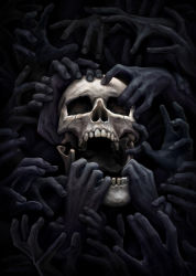 Rule 34 | adlovett, dark, fingernails, highres, holding, holding skull, horror (theme), jaw, reaching, signature, skull, teeth