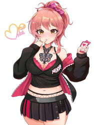 Rule 34 | 1girl, absurdres, black jacket, black skirt, black tank top, blush, bow, bra, bra peek, breasts, cellphone, character name, character signature, cleavage, closed mouth, collarbone, commentary request, cowboy shot, crop top, gyaru, hair between eyes, hair bow, hands up, heart, high ponytail, highres, holding, holding phone, idolmaster, idolmaster cinderella girls, jacket, jougasaki mika, korean commentary, large breasts, long sleeves, looking at viewer, m/, midriff, miniskirt, navel, nose blush, off shoulder, open clothes, open jacket, phone, pink bow, pink bra, pink hair, pleated skirt, plump, ponytail, sidelocks, simple background, single bare shoulder, skindentation, skirt, smartphone, smile, solo, standing, sylph kim, tank top, underwear, white background, yellow eyes