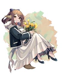 Rule 34 | 1girl, absurdres, animal ears, arknights, black jacket, black legwear, blue bow, bouquet, bow, brown hair, commentary, dress, flower, fox ears, fox girl, fox tail, full body, hair bow, high heels, highres, holding, holding bouquet, holding flower, impossible clothes, jacket, knees up, long hair, looking at viewer, open clothes, open jacket, perfumer (arknights), ponytail, solo, tail, vegetable noda, white background, white dress, yellow eyes, yellow flower