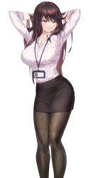Rule 34 | 1girl, absurdres, black hair, black skirt, brown eyes, collared shirt, highres, office lady, orchid (pixiv3730518), original, pantyhose, pencil skirt, shirt, skirt, solo, white background, white shirt