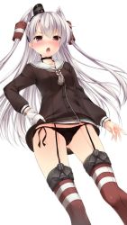 Rule 34 | 10s, 1girl, amatsukaze (kancolle), asymmetric gloves, asymmetrical gloves, black panties, blush, brown hair, collarbone, from below, garter straps, gloves, hairband, hand on own hip, hat, kantai collection, kneehighs, long hair, mini hat, nironiro, open mouth, panties, pantyshot, red thighhighs, sailor collar, side-tie panties, simple background, socks, solo, standing, striped clothes, striped socks, striped thighhighs, sweat, thighhighs, twintails, two side up, underwear, uneven gloves, very long hair, white background, white gloves, white hair