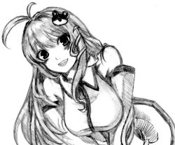 Rule 34 | 1girl, ahoge, bad id, bad pixiv id, bare shoulders, breasts, charcoal (medium), detached sleeves, frog hair ornament, greyscale, hair ornament, kochiya sanae, large breasts, leaning forward, long hair, looking at viewer, matsukei, monochrome, smile, snake hair ornament, solo, touhou, traditional media, white background