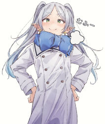 Rule 34 | 1girl, blue hair, blue scarf, blush, buttons, coat, double-breasted, doyagao, eitopondo, elf, frieren, gradient hair, grey hair, hands on own hips, highres, long hair, looking at viewer, multicolored hair, parted bangs, pointy ears, scarf, simple background, smile, smug, solo, sousou no frieren, twintails, very long hair, white background, white coat