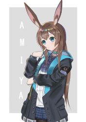 Rule 34 | 1girl, amiya (arknights), animal ears, arknights, bkjhjh, black jacket, blue eyes, blue neckwear, blue skirt, blush, border, brown hair, chinese commentary, commentary request, cowboy shot, finger to cheek, grey background, hand up, head tilt, highres, jacket, jewelry, long hair, long sleeves, miniskirt, neck ring, open clothes, open jacket, outside border, rabbit ears, ring, shirt, simple background, skirt, solo, standing, white border, white shirt